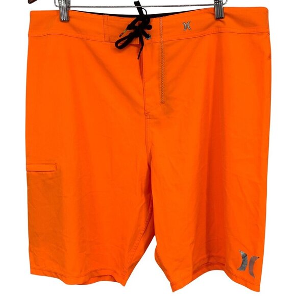 Hurley Mens Orange Board Shorts Size 38 Stretch Surf Swim Trunks Pocket EUC - Picture 1 of 9